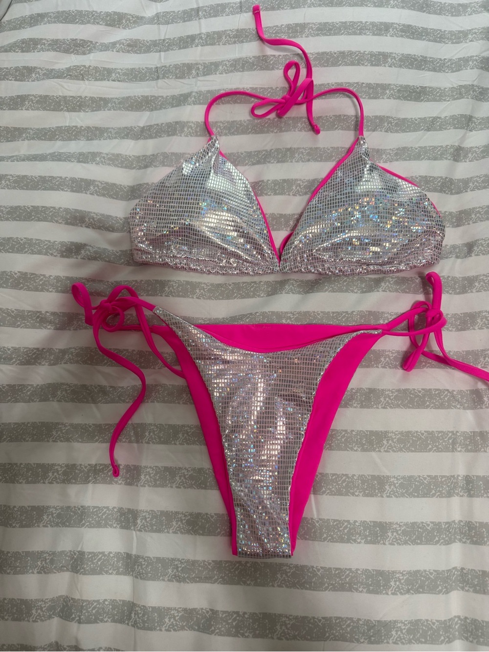 Holographic Silver & Hot Pink Tie-Side Bikini